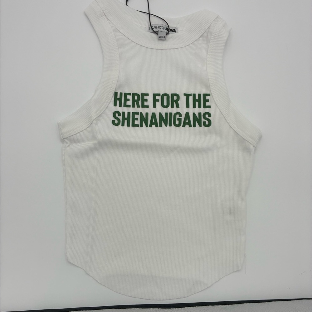 Fashion Nova Kids White Tank with Green 'Here For The Shenanigans' Text